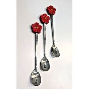 TEMP-TATIONS Old World Red Flower Top Tea Spoons 6 1/2 Inches Lot of 3